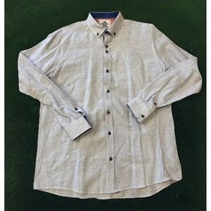 Men's L Linen/Cotton Guide London Button Down Blue & White Stripes Dress Shirt